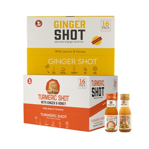 Ginger Shot and Turmeric Shot Combo Pack 30ml Bottles 32 Count (16 Ginger with Lemon & Honey + 16 Turmeric with Ginger & Honey)