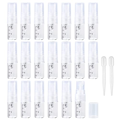 Apstaqeoo 20Pcs, 2Ml Empty Glass Spray Bottles with Scale - Clear Mini Sample Perfume Atomizer Vial Travel Bottles Set with Fine Mist Sprayer & Clear Dust Cap Perfect for Fragrance, Essential Oils