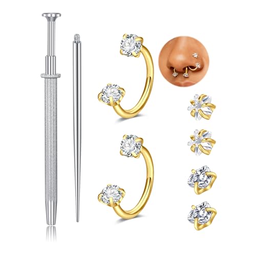 QWALIT 18g Horseshoe Nose Ring Double Stud Gem Horse Shoe Nose Ring Hoop for Women Surgical Steel U Shape Half Earring Gold Tragus Earring Hoops Lip Helix Piercing Jewelry Septum Rings 18 Gauge 7mm