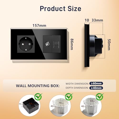 BSEED Schuko Steckdose mit 1/2 TV-Antenne Koaxial-und RJ55-Cat5e-Ethernet KristallGlas Platte Steckdose Glas Unterputz Steckdose 16A Steckdose Verl&auml;ngerungssteckdosen Wandsteckdose Schwarz 157mm