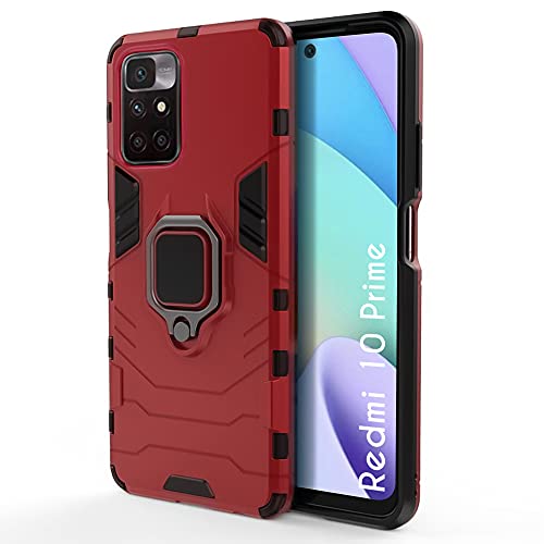 Image of WOW IMAGINE Tough Armor Bumper Back Case Cover for Xiaomi Mi Redmi 10 Prime | Ring Holder & Kickstand in-Built | Excellent 360 Degree Protection (Red)