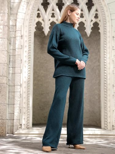 Image of Kvetoo Women Winter Coord Set Wool Blend High Neck Sweater and Wide Leg Pants Warm Tracksuit Pajama Set Two Piece Knitwear Travel Wear for Lounge Casual Office