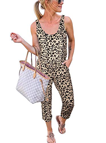 Reoria Women Summer Casual Sleeveless Tank Top Elastic Waist Loose Activewear Jumpsuit Rompers With Pockets Leopard Print Brown Small #TOP2