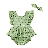 FEIBEL Baby Girls Flutter Sleeve Ruffles Layered Romper Dress Cute Patterns Printed Holiday Outfit with Headband (Green 2, 3-6 Months)