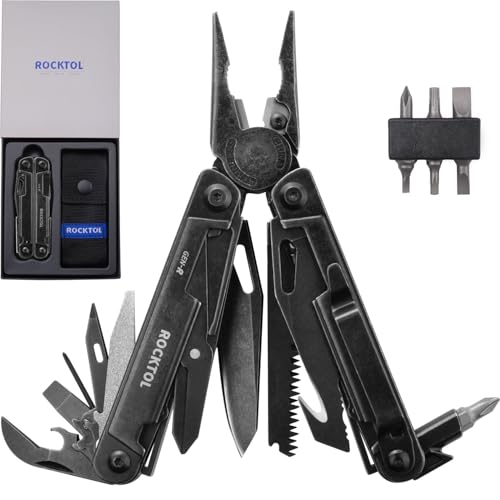 ROCKTOL Gen-R RB Multitool Pliers, VG10 Blade, 27-in-1 Multi-tool, EDC Pocket Knife, Retro Black Finish, Precision Screwdriver, Gut Hook for Hunting, Backpacking, Hiking, Camping