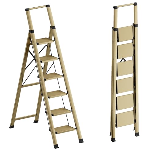 GameGem 6 Step Ladder for 12 Feet High Ceiling, Lightweight Aluminum Folding Step Stool with Convenient Handgrip, Stepladders with Anti-Slip and Wide Pedal for Home Use Space Saving - Gold