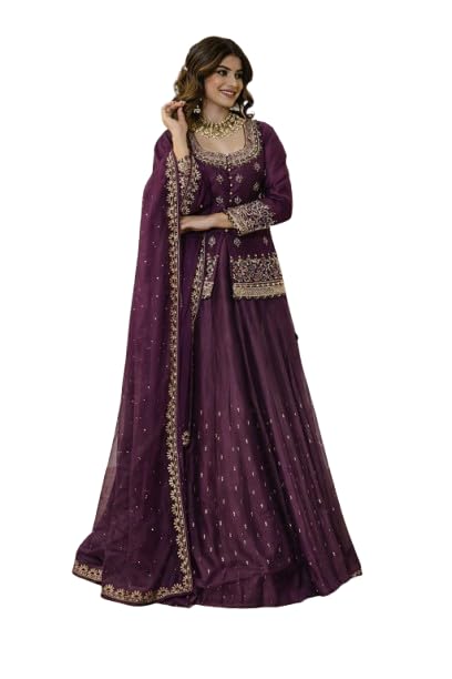Image of Suppar Sleave Women's Chanderi Silk Embroidered Kurta Set with Lehenga Style Bottom & Dupatta | Bollywood Style Embroidery lehenga Choli Set For Woman