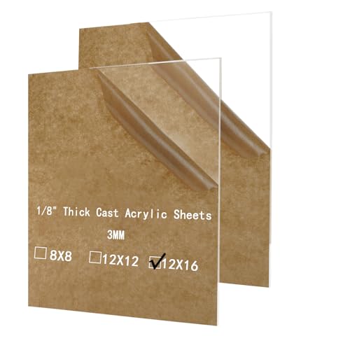 2 Pack 12x16 Inches 1/8 Thick Plexiglass Sheets, Clear Acrylic Sheets with Protective Film, for Lasers, Engraving, Craft Projects, Replacement Glass, DIY, Display Cases, Signage, Easy to Cut