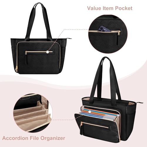 Image of Teacher Tote Bag for Women, Laptop Bag with Accordion File Organizer | Briefcase with File Organizer Compartment, Padded Laptop Sleeve, Large Capacity Teacher Work Bag Office Essential