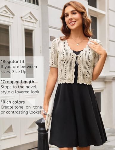 Image of Kate Kasin Women Crochet Shrug Knit Sweater, Short Sleeve Cropped Cardigan | Tie Front Tops Light Weight, Knit Cover Up Arm Bolero For Evening Dresses Dressy Casual, Ladies Eyelet Shawl Thin Formal
