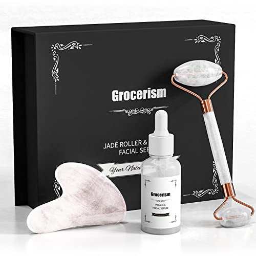 Gua Sha and Jade Roller Set with Vitamin C Facial Serum/Essence, Real Jade Skin Care Massage Facial Tools, for Anti-aging, Eliminate Eye Puffiness, Reduce Wrinkles and Dark Circlesï¼ŒPack of 3