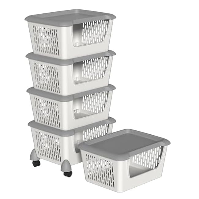 Zopnny Stacking Storage Baske Rack for Kitchen Fruit Vegetable Baskets with Wheels, Stackable Plastic Storage Carts, 5 Tiers-EQicVy54