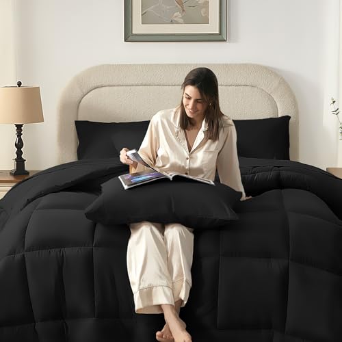 SunStyle Home Black Full Size Comforter Sets - 7 Pieces Bed in a Bag, Lightweight Goose Down Alternative Bedding Sets with All Season Comforter, 1 Flat Sheet, 1 Fitted Sheet, 4 Pillowcases