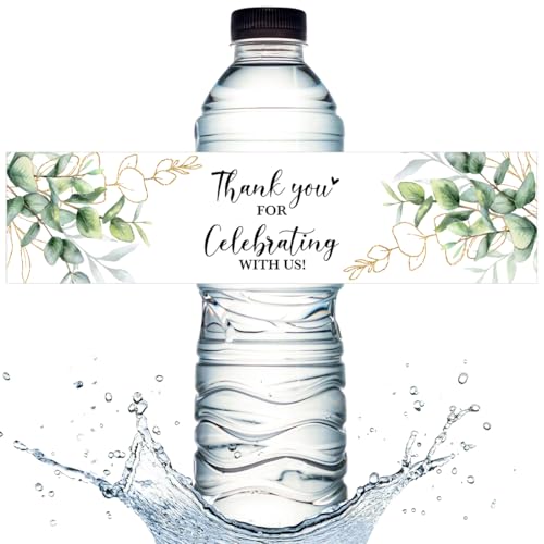 100PCS Wedding Water Bottle Labels Waterproof Greenery Floral Wraps Sticker for Water Bottle Baby Shower Bottle Label for Bridal Shower Party Thanks (Eucalyptus)