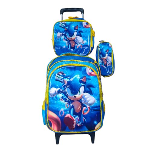 Kit Mochila Sonic 3D em Alto Relevo com Rodinhas + Lancheira Térmica + Estojo Escolar Infantil Azul e Amarelo