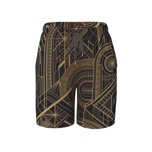 Boys Swim Trunks Gold Black Art Geometric Luxury Kids Swim Shorts Quick Dry Beach Board Pocket