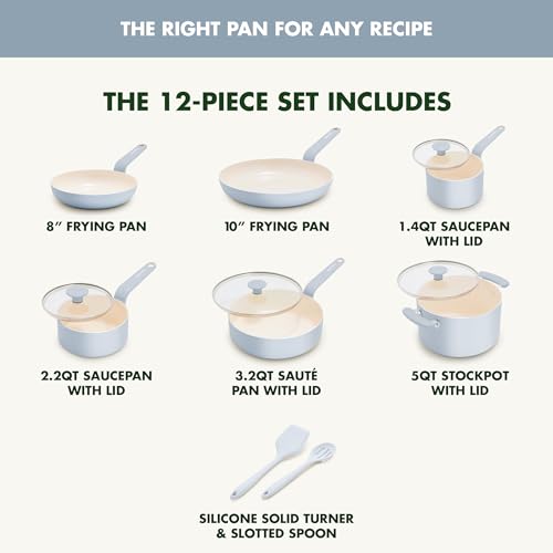 Image of GreenPan Rio Advanced 12 Piece Cookware Set, Ceramic Nonstick PFAS-Free Pots & Pans with Cooking Utensils, Induction Ready, Dishwasher & Oven Safe, Blue