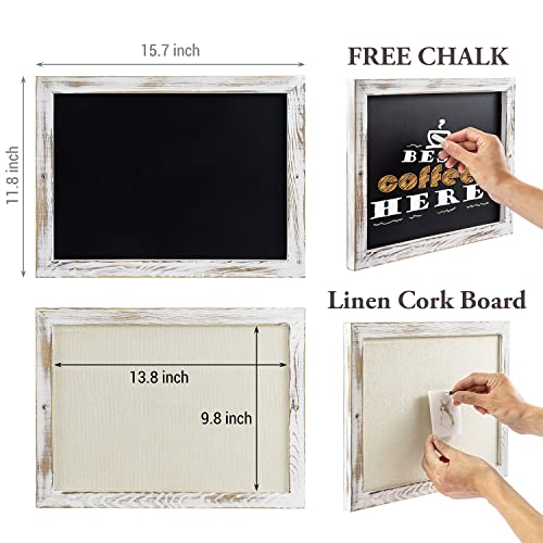 Mygift 2 Pc Set - Bulletin And Chalkboard, Wall Mounted White Weathered Wooden Framed Mini Chalkboard And Linen Cork Board #TOP4