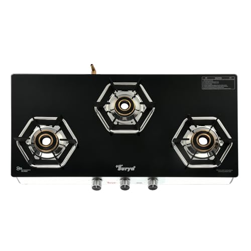 Image of GOLDEN SURYA Premium FlameX 3 Burners Manual Ignition Gas Stove (ISI Certified) 18 Months Warranty, Heavy Tornado Brass Burner, Thick Toughened Glass Top, LPG Compatible Cooktop