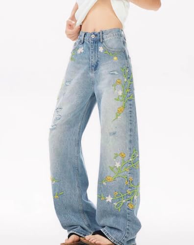 Y2k Vintage Vine Floral Embroidery Harajuku Baggy Jeans Hiphop Streetwear Grunge Ripped Loose Casual Cowboy Denim Pants3