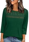 Fall Sweaters for Womens Boho Spring Tops Dressy Casual Blouses Christmas Shirts Holiday Thanksgiving Outfits 3/4 Length Sleeve Womens Clothes Green M