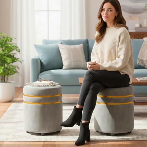 Image of Decorative Ottoman Pouffes for Sitting - Two-Piece Set of Puffy Stools and Footstools - Round Ottoman Stool for Living Room Furniture (Grey)
