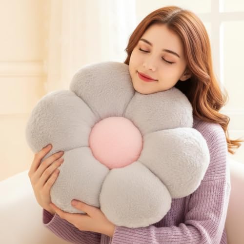 Image of AVSHUB Sunflower Shaped 6 Petal Cute Preppy Decorative Throw Pillow|Floor Cushion with Fibre Filling for Aesthetic Decoration (Grey, 50CM)