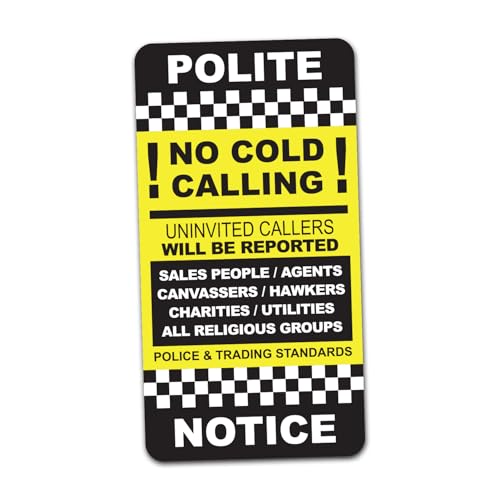SAFESIGN No Cold Calling Vinyl Sticker for Front Door Vinyl Sign Stickers 9.5 X 5cm - Waterproof Vinyl Conforms to EN ISO 7010:2012 Post Box Junk Mail (1)