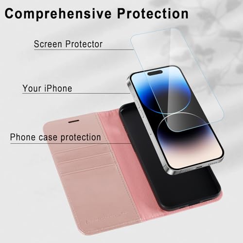 Image of MONASAY Vegan Leather Fit for iPhone 14 Pro Max 5G Wallet Case, 6.7-inch, [Glass Screen Protector Included] [RFID Blocking] Flip Folio Phone Cover with Credit Card Holder,Rosegold