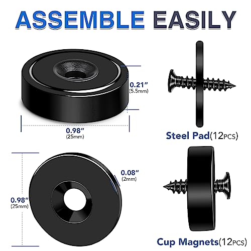 MIKEDE 12Pack Strong Neodymium Cup Magnets, 70Lbs+ Force Heavy Duty Black Round Base Cup Magnets with Countersunk Hole, Powerful Industrial Rare Earth Magnets with Screw for Mounting, 0.98x0.22inch
