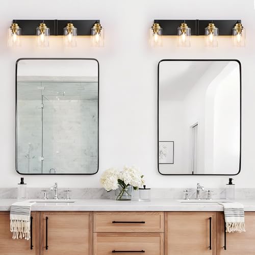Image of Black and Gold Bathroom Light Fixture, 4 Light Brushed Gold Vanity Light, 27.5 inch Modern Farmhouse Bathroom Lighting Fixtures Over Mirror, with Clear Glass Shade, Vanity Lights for Bedroom Hallway