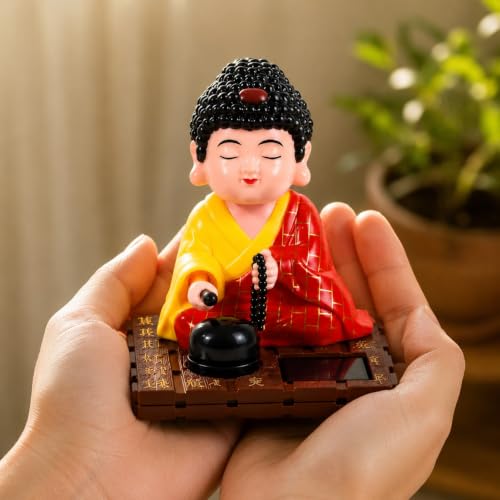 Image of ZAICUS Solar-Powered Moving Head Buddha Monk Statue - Feng Shui Good Fortune Ornament for Car Dashboard, Home and Office