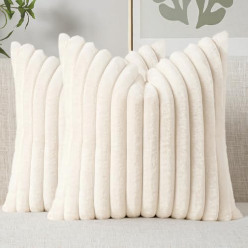 Image of MIULEE Faux Fur Decorative Throw Pillow Covers 16x16 Inch Set of 2, Modern Spring Home Decor Soft Plush Couch Pillows Cozy Fluffy Cushion Covers for Sofa Bed Beige