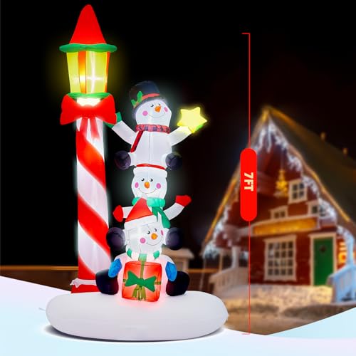 Image of 7ft Christmas Inflatable Snowman & Streetlamp with Built-in LED Lights, Indoor Outdoor Blow Up Yard Decoration for Xmas Party, Home, Outside Lawn Holiday Decor