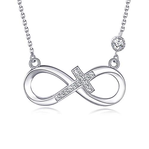 BlingGem Necklace for Women Infinity Religious Sideways Cross Love Pendant White Gold-Plated 925 Sterling Silver Cubic Zirconia Necklace Gift for Women