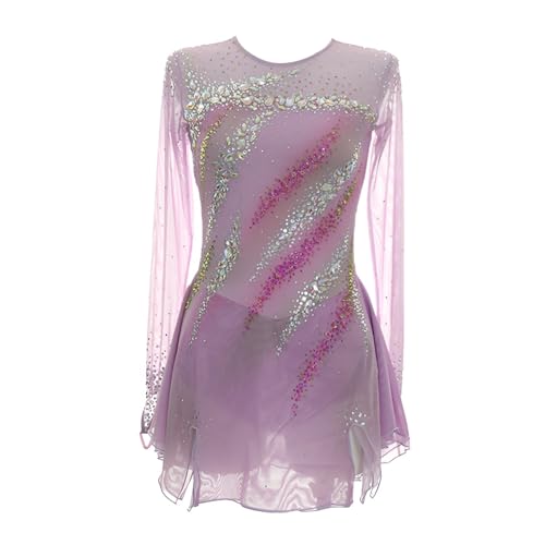 Girls' Long Sleeves Figure Skating Dress, Women's Stretchy Competition Ice Skating Dress Decorated Rhinestones(X-Small) Purple