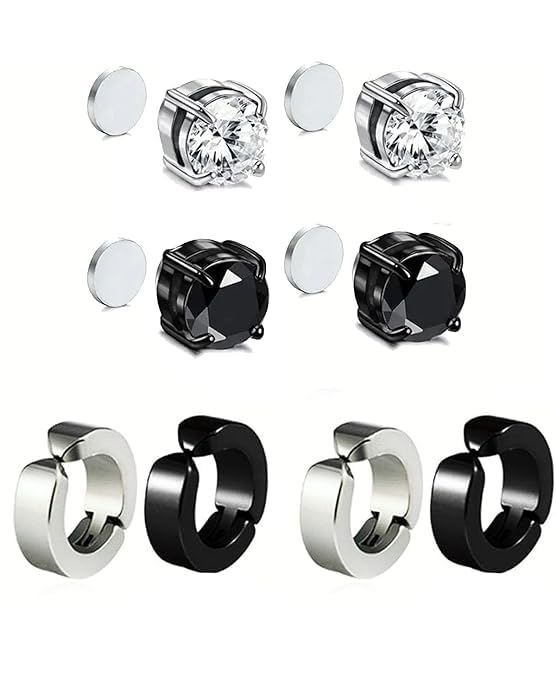 8PCS Magnetic Earrings for Men, Non-Piercing Clip-On Earrings Set, Stylish Silver and Black Stud Earrings for Party, Date, Gift