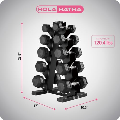 HolaHatha Hexagonal Rubber Dumbbell Weights Set with Rack, Home Gym Equipment, 100 Lbs, Black - Portable Weighted Exercise Dumbbells for Fitness, Training, and Lifting Workouts