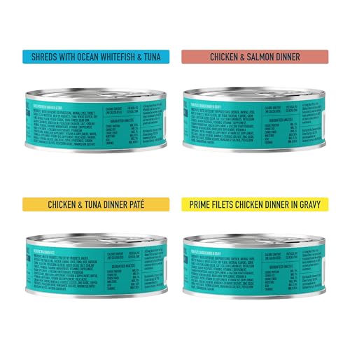 Image of A Strong Heart Wet Cat Food Variety Pack, 4 Flavor Chicken & Seafood Pates & Shreds in Gravy Recipes, Made with Real Chicken & Fish, Made in The USA, 5.5oz Can (40 Count)