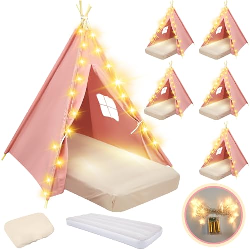 Lemosae 6 Pack Sleepovers Teepee Tent for Kids Bulk with Mattress Sheet Light,Natural Cotton Washable Indoor Play Tent for Birthday Slumber Party Girls Boys Pajama Movie Night Supplies(Pink)