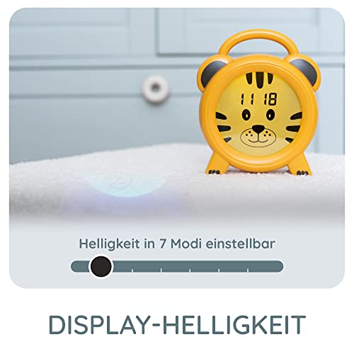Alecto BC100TIGER - Pädagogischer Wecker Kinder - Schlaftrainer & Nachtlicht Kinder - Lernen von Schlafen und Aufwachen mit LED Kinderwecker - Gelb