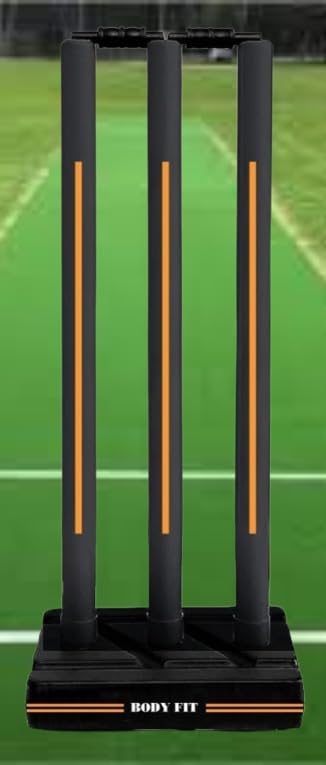 Image of Bodyfit Heavy Cricket Stumps | Plastic Wickets Set with 3 Stumps + 2 Bails + 1 Stand | Full Size Wickets for Cricket Ground, Tournament Wicket. (Black-Orange)