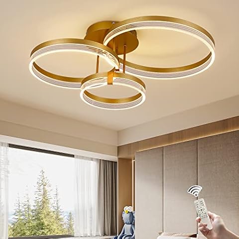 Becailyer Modern LED Ceiling Light, Dimmable Acrylic Ceiling Lamp Remote Control 3 Rings Flush Mount Ceiling Light, Brushed Metal Ceiling Chandelier for Living Dining Room Bedroom Kitchen (56W Gold) Cover