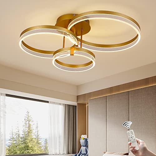 Becailyer Moderne LED Deckenleuchte, dimmbar Acryl 3 Ringe Unterputz Deckenleuchte Fernbedienung, Deckenleuchte aus gebürstetem Metall für Wohnzimmer Esszimmer Schlafzimmer Küche (56W Gold) Cover