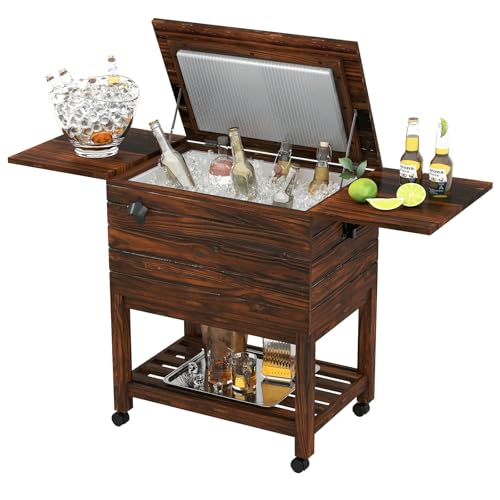 Moccha 54-Quart Rolling Cooler Cart - Wooden Rolling Ice Chest Cooler Cart w/ 2 Drop Leaf Tables, Bottle Opener, Pine Wood Outdoor Beverage Cooler, Patio Cooler on Wheels for Parties Yard Pool Deck
