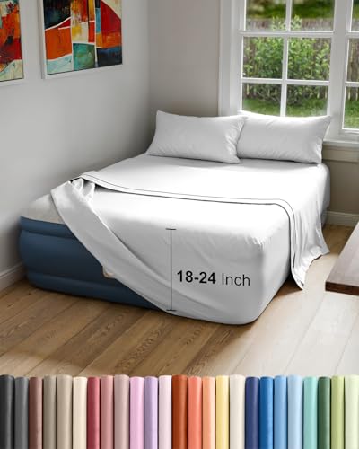 Air Mattress Sheet Set for Queen Size - 4 Piece Breathable & Cooling Sheets w/ Extra Deep Pockets - Fits Inflatable & Blow Up Air Mattresses Up to 24 Inches Thick - Ultra Soft & Wrinkle Free - White