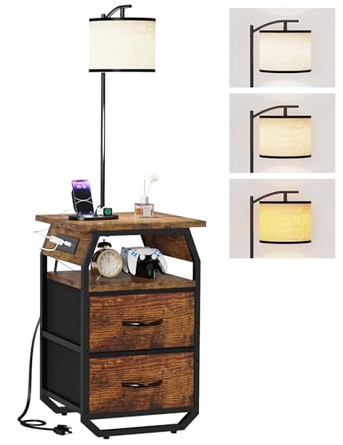 Image of runjuly Floor Lamp with Table, End Table with Light and Charging, Rustic