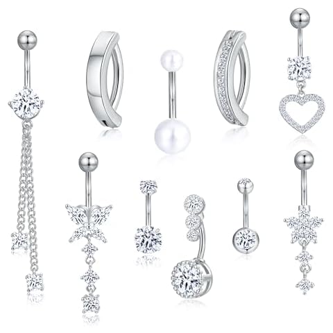 KISS WIFE Belly Buttons Rings Set Stainless Steel CZ Belly Rings Piercing Jewelry (Gold/Silver) (Silver) Cover
