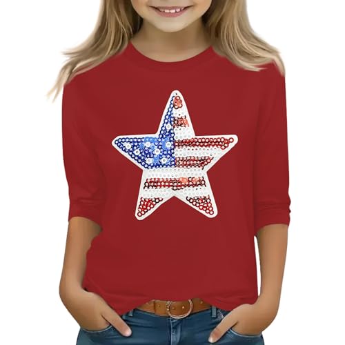 4Th of July Shirts for Girls Size 3-14 USA T Shirts 3/4 Sleeve Crewneck Tops American Flag Blouses Children Clothes