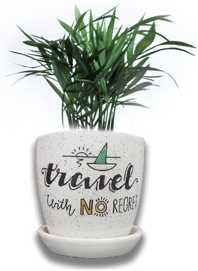 MUMU Medium Ceramic Pot with Quotes for Indoor & Outdoor Plants | Travel with No Regret | Plant Container Set
